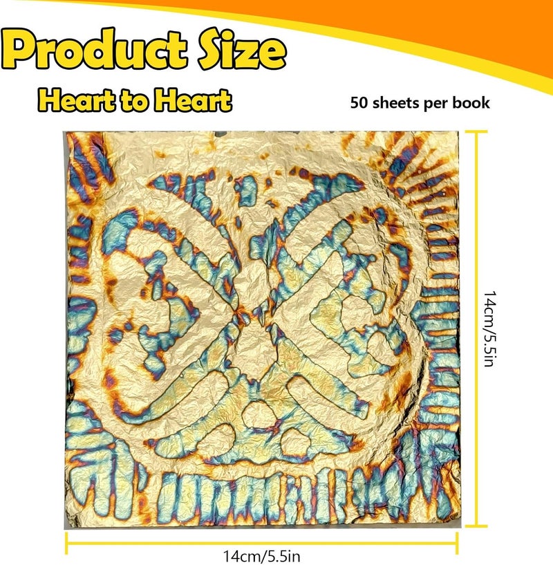 Sekonow Variegated Gold Leaf Sheets 50pcs, Colorful Imitation Gold Foil Sheets Paper Booklet for Art Craft Painting Gilding Decoration, 5.5" x 5.5", Heart - Image 2